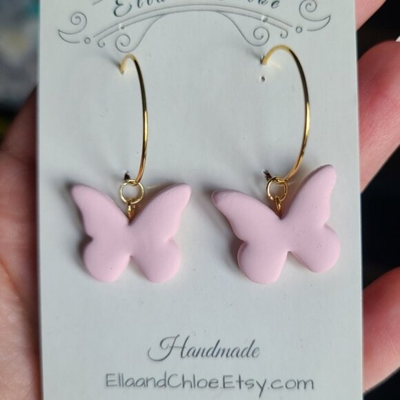 Cute 18K Gold Plated Matte Pink Clay Butterfly Dangle Hoop Earrings Fairycore - Picture 8 of 8